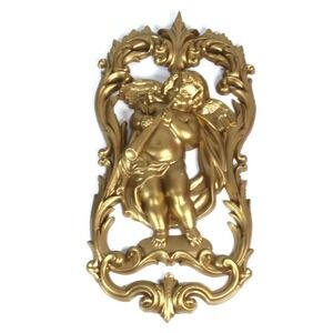 Vtg 1981 Burwood Resin Musical Angel Cherub Wall Plaque 2510-3 Hand Painted Gold